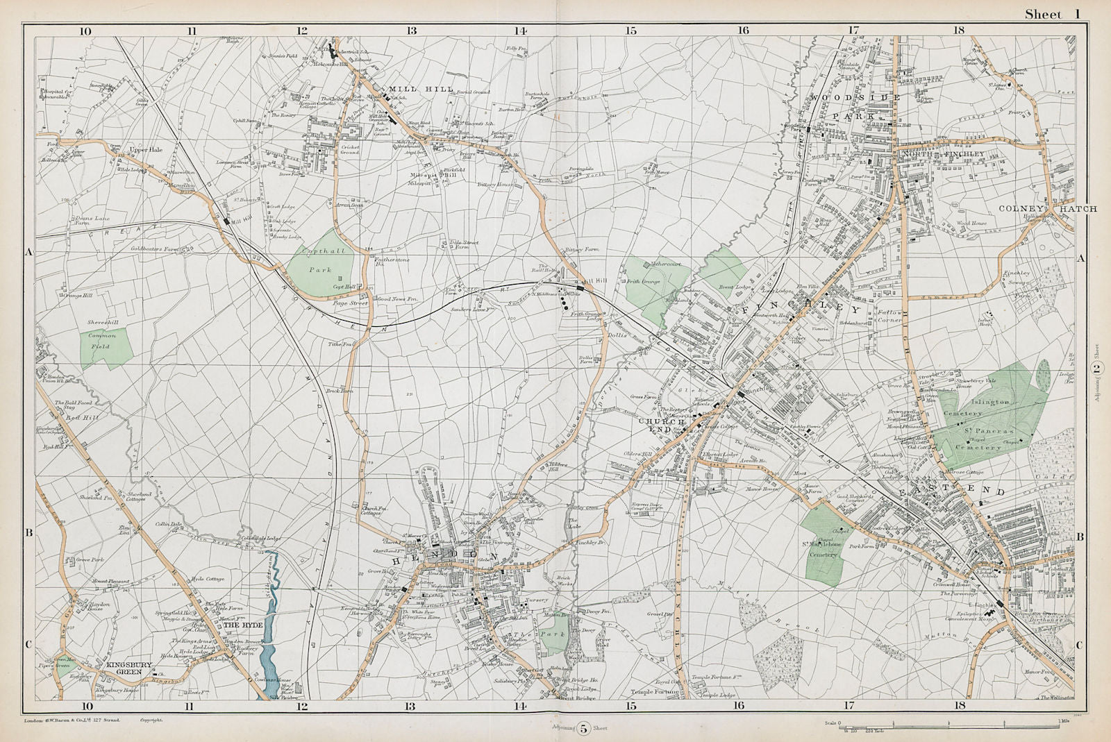 FINCHLEY/HENDON Mill Hill Colindale Colney Hatch Fortis Green. BACON  1906 map